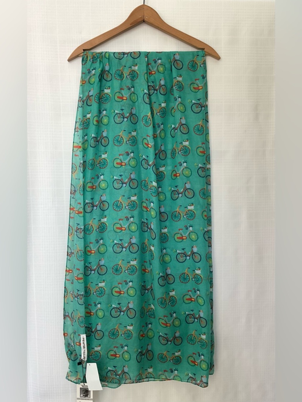 NWT Printed Village Teal scarf with bicycle and dog motif